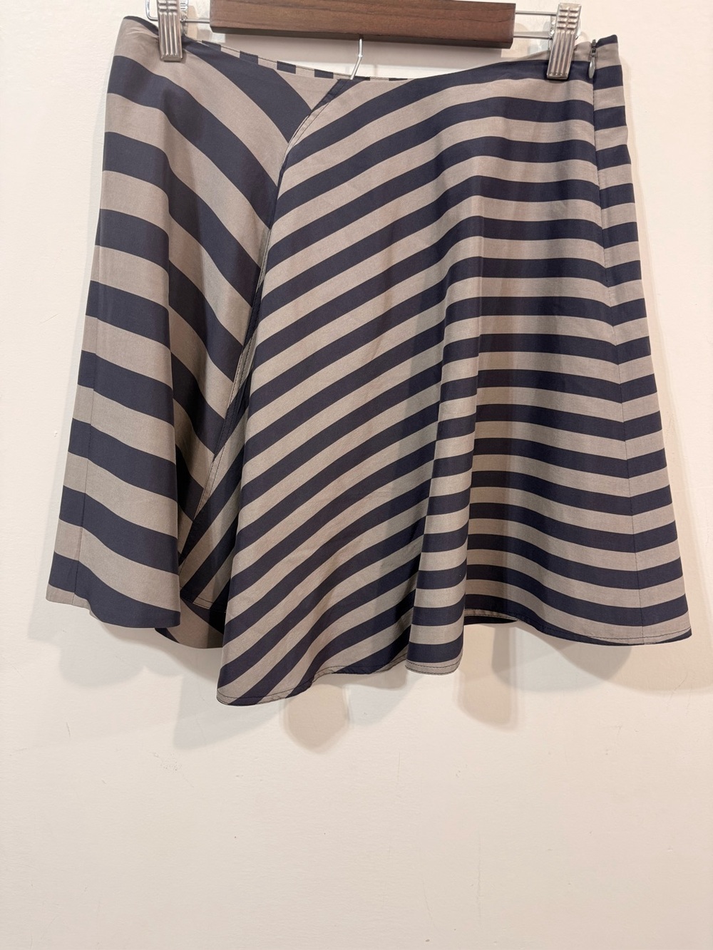 Brunello Cucinelli Striped Asymmetrical Circle Silk Skirt Navy Taupe Size 6